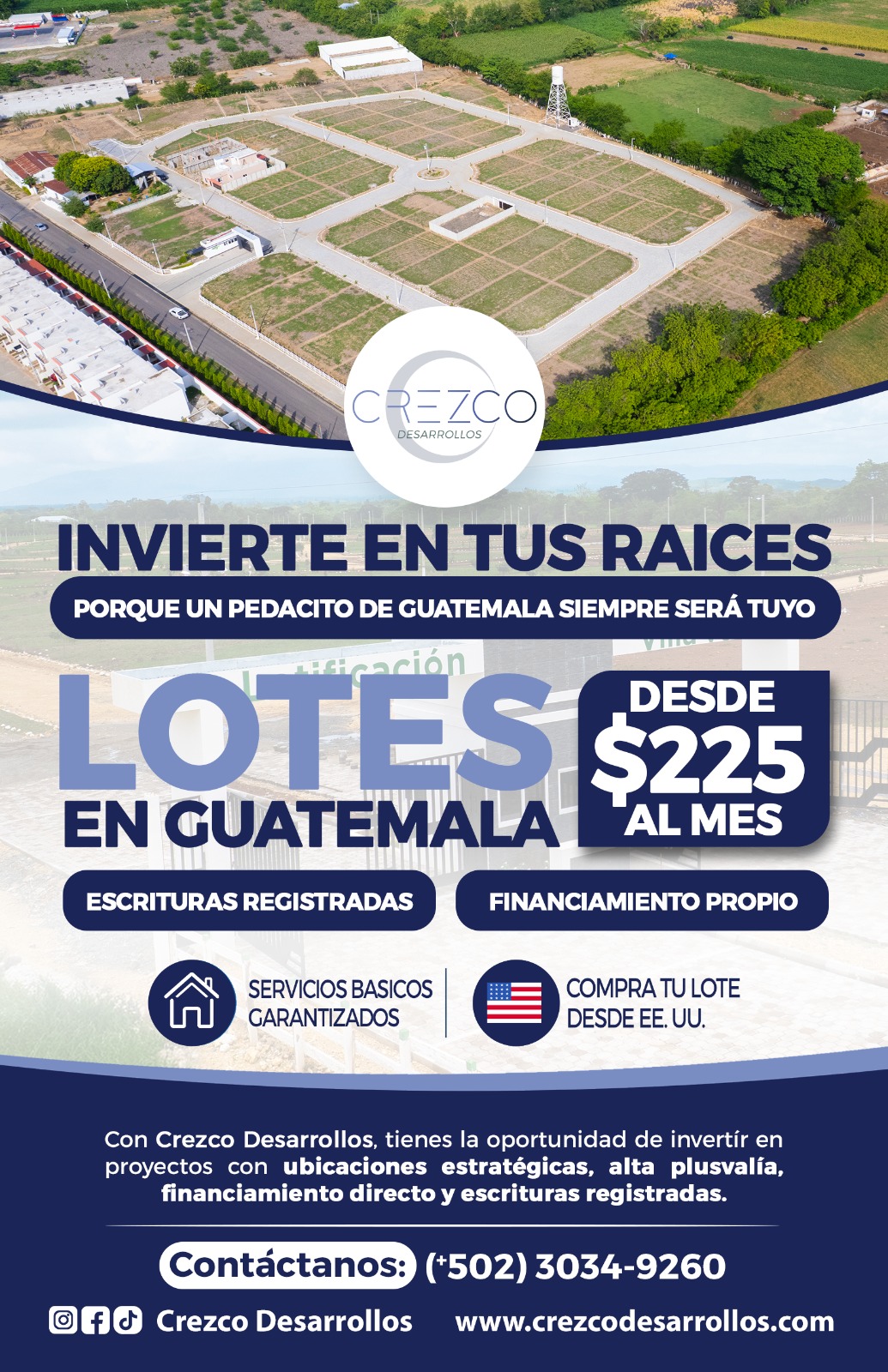 Afiche publicitario de Crezco Desarrollos sobre venta de lotes en Guatemala desde $225 al mes con financiamiento propio y escrituras registradas.